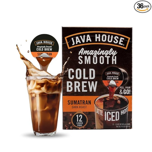 JAVA HOUSE Cold Brew Coffee, Dark Roast Coffee Concentrate Liquid Pods - 1.35 Fluid Ounces (6 count liquid pods per box) Enjoy Hot Or Iced (Sumatran, 6 boxes x 6 pods = 36 Count)