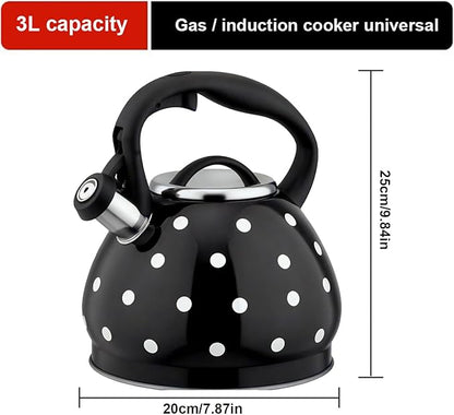 Tea Kettle Stovetop, Whistling Teapot 304 Stainless Steel 3.2 Quart Teakettle, Polka Dot Teapots for Stove Top, Whistle Tea Pot with Cool Touch Ergonomic Handle (Black/White, 3.2 Quarts)