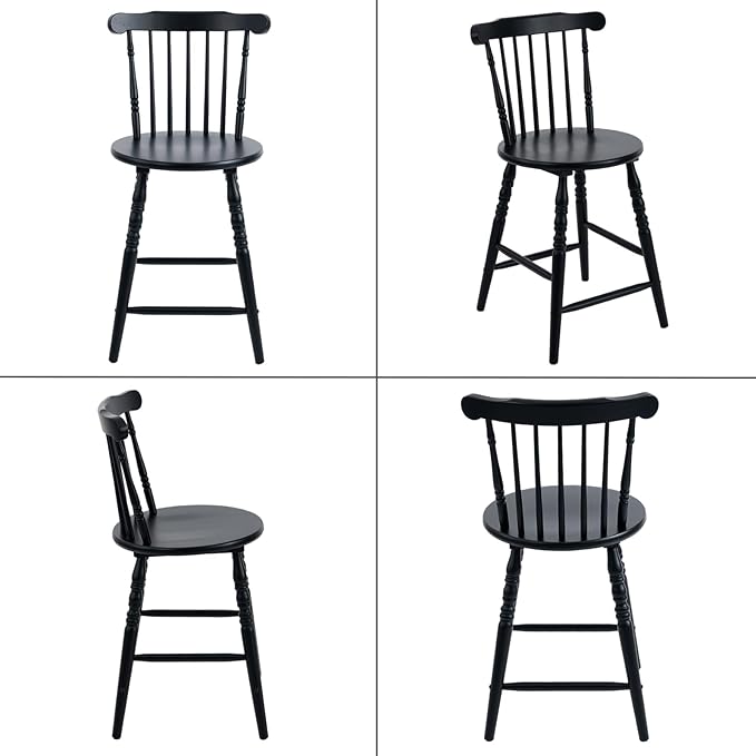 chairus 24" Black Windsor Counter Height Bar Stools Set of 4, Farmhouse Wooden Counter Stools with Spindle Back & Turned Legs, Rustic Vintage Colonial Bar Chairs for Kitchen Island