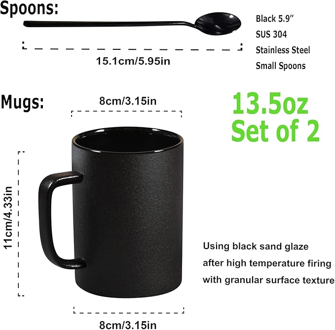 Coffee Mugs, Matte Black Ceramic Mug Set of 2, 13.5 OZ Large Coffee Set with Black Coffee Spoons, Big Cups for Cappuccino Latte or Tea for Home Office Restaurant or Bar, for Men and Women Couple Gift