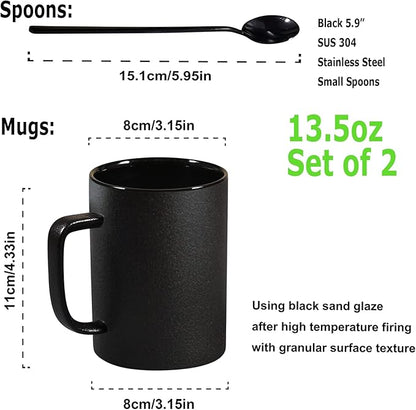 Coffee Mugs, Matte Black Ceramic Mug Set of 2, 13.5 OZ Large Coffee Set with Black Coffee Spoons, Big Cups for Cappuccino Latte or Tea for Home Office Restaurant or Bar, for Men and Women Couple Gift
