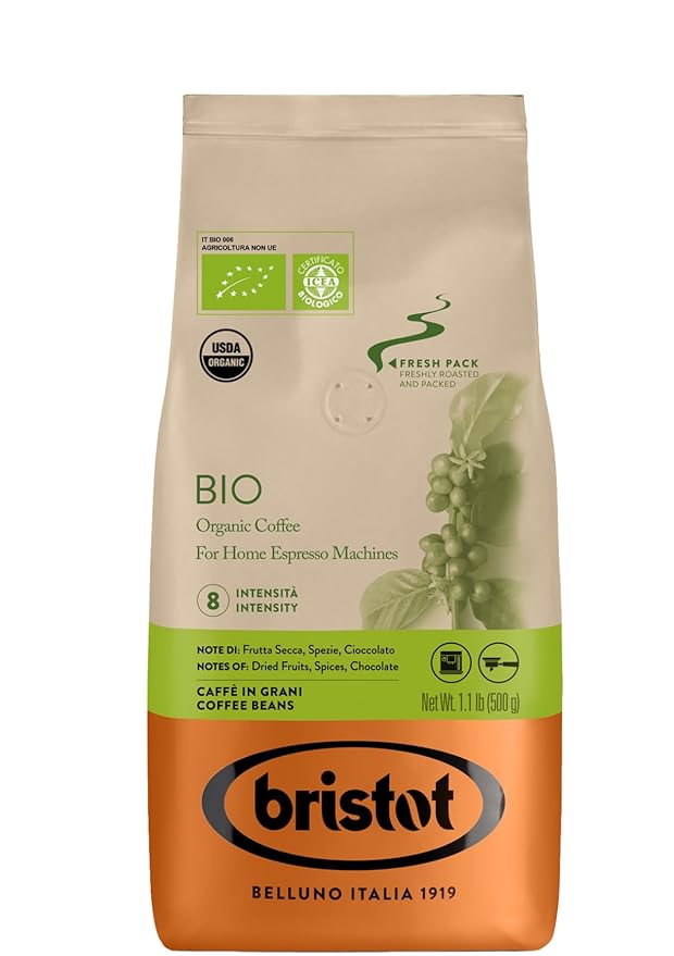 Bristot Bio Organic Italian Espresso Beans – Whole Bean Coffee, Medium Roast – Smooth & Aromatic with Spices, Caramel & Sandalwood Notes – 1.1 lb (500 g), Certified USDA Organic