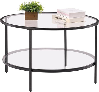 VINGLI Glass Coffee Table,30" Round Coffee Table Black Coffee Tables for Living Room, 2-Tier Clear Glass Top Side Table with Storage. Simple & Modern Center Table Mesa de Centro para Sala
