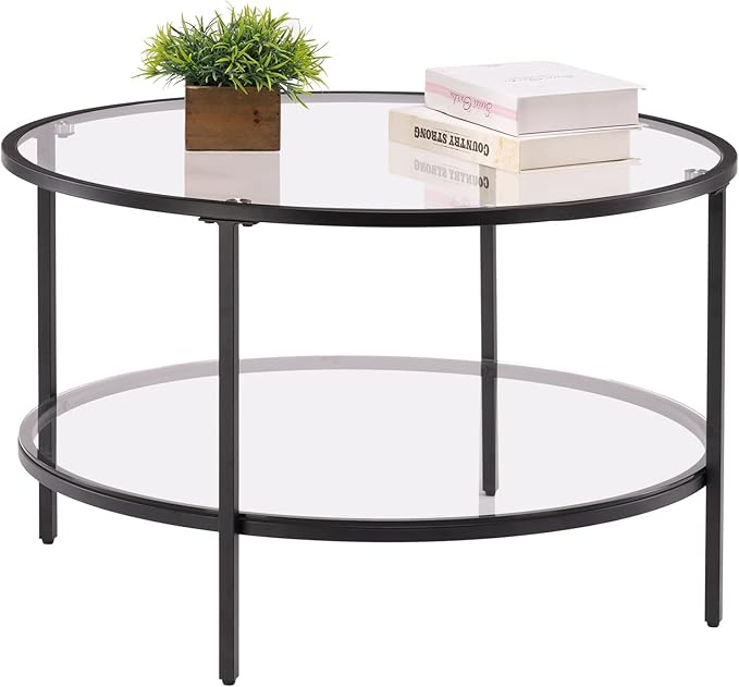 VINGLI Glass Coffee Table,30" Round Coffee Table Black Coffee Tables for Living Room, 2-Tier Clear Glass Top Side Table with Storage. Simple & Modern Center Table Mesa de Centro para Sala