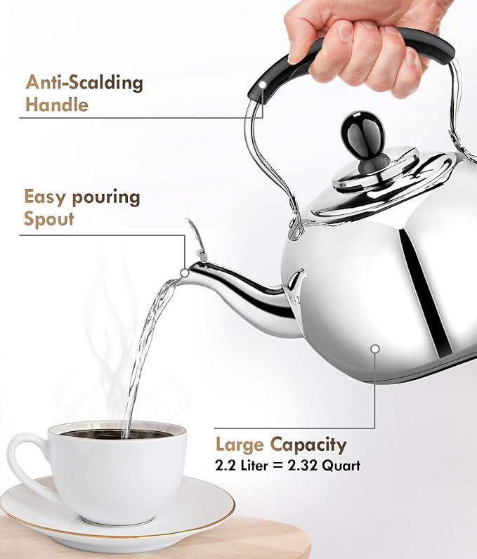 Whistling Tea Kettle Stovetop - 2.3 Quart Round Tea Pot for Stovetop, Silver Mirror Polished Classic Stovetop Kettle, Food Grade Material Teapot for Stove Top