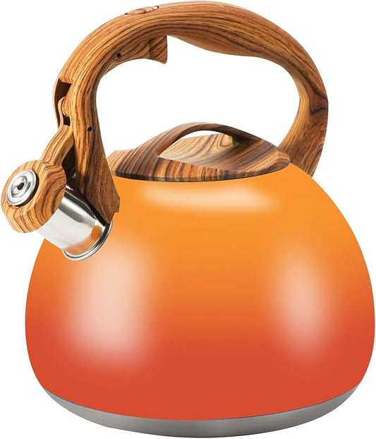 Tea Kettle Stovetop, 3.2Qt Stainless Steel Tea pots with Wood Grain Handle Food Grade Whistling Tea kettle,Induction/Gas Stoves (Orange-Red Gradient)