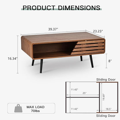 Mid Century Modern Coffee Table - Coffee Table for Living Room, 39.4" Fluted Design with Sliding Door Storage & Open Shelves, Wood Construction, Walnut