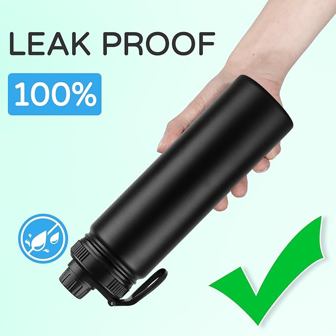 DOMICARE Insulated Water Bottle, 22 oz Vacuum Insulated Stainless Steel Reusable Sports Bottle with Straw Lid & Spout Lid for Travel, Camping, Bike, Leakproof, Black, 1 Pack…