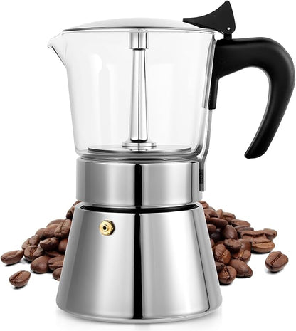 Induction Moka Pot, 9 Cups (15.9 oz) Crystal Glass-Top & Stainless Steel Moka Pot, Classic Stovetop Espresso Maker, Silver