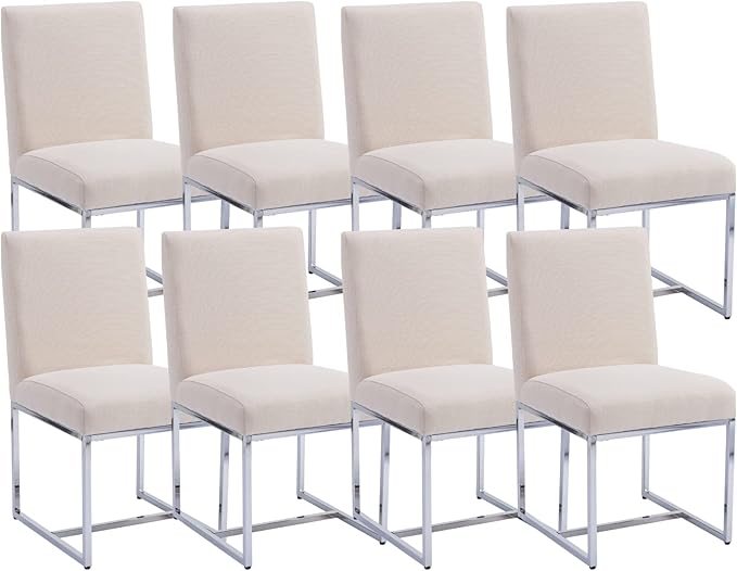 CIMOTA Modern Dining Chairs Set of 8, Upholstered Dining Room Chairs Armless Guest Side Chair with Chrome Base for Dining Room/Kitchen, Beige, 8PCS