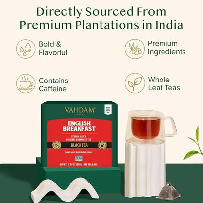 VAHDAM, English Breakfast Black Tea Bags (100 Count) High Caffeine | Strong, Robust & Flavoury | Pyramid Tea Bags | Full Bodied Black Tea Leaves