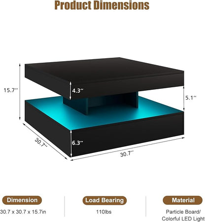 Black LED Coffee Table for Living Room, Living Room Table 2-Tier Square Middle Center Table, Modern Coffee Tables with Storage, Wood Tea Tables for Dining Reception, Skin Feeling