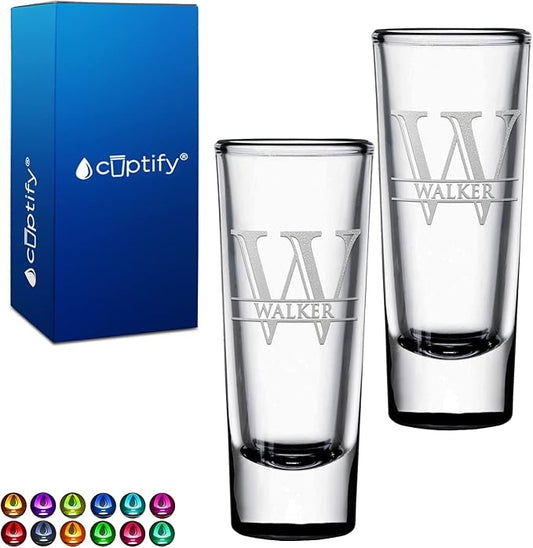 Personalized Shot Glasses Set of 2 Black Bottom Custom 2 oz Cordial Shot Glass Initial and Name for Gifts, Weddings, Birthdays, Party, Event, Decorations