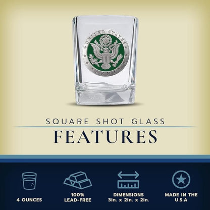 Heritage Pewter Army Square Shot Glass | Hand-Sculpted 1.5 Ounce Shot Glass | Intricately Crafted Metal Pewter Alma Mater Inlay