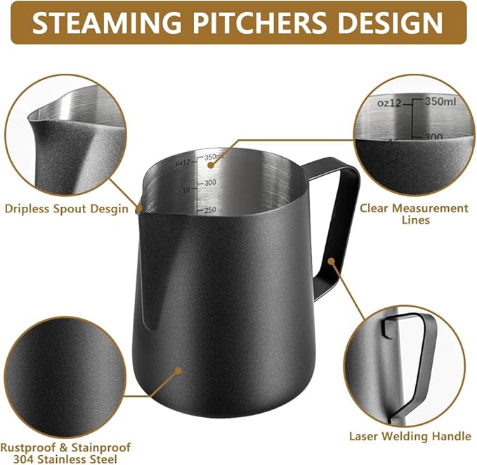 Frothing Milk Pitcher, 12 oz/350 ml Stainless Steel Frothing Milk Jug with Latte Art Pen,with Internal Measurements, for Cappuccino, Espresso and More