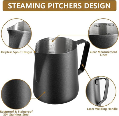 Frothing Milk Pitcher, 12 oz/350 ml Stainless Steel Frothing Milk Jug with Latte Art Pen,with Internal Measurements, for Cappuccino, Espresso and More