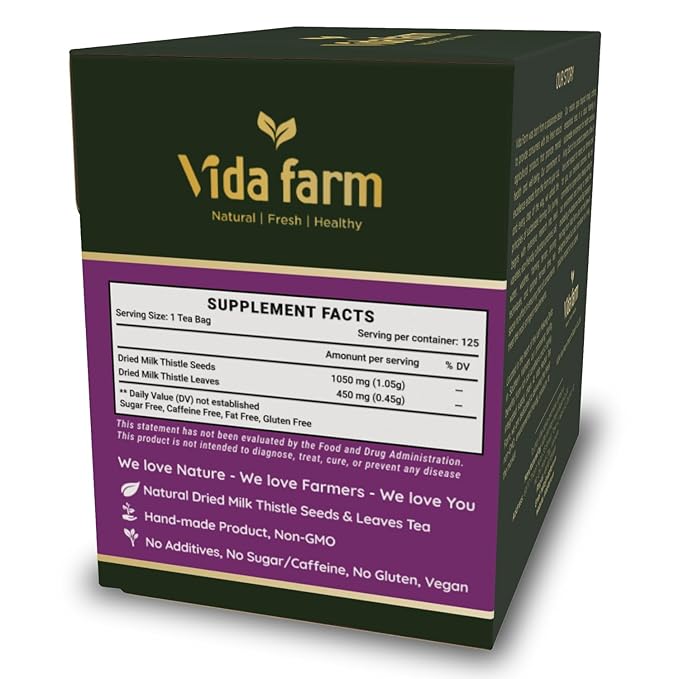 VIDA FARM Milk Thistle Tea Bags - 125 Count, 100% Natural Seeds and Leaves, Dried Herbal Tea, Sugar Free, Caffeine Free