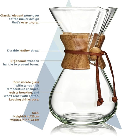 AGOGO Pour Over Coffee Maker Glass - 6/8/10 Cup Barista Kit with 304 Stainless Filter for Home, Office, Camping, Cafes - Easy Clean Coffee Dripper Set (Rag&Brush Included) (8 Cup/28 oz)