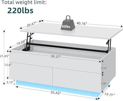 HOMMPA 40'' Lift Top Coffee Table, White With Storage for Living Room, LED Modern Design, 2 Drawers & Hidden Compartment