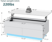 HOMMPA 40'' Lift Top Coffee Table, White With Storage for Living Room, LED Modern Design, 2 Drawers & Hidden Compartment