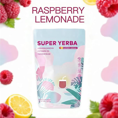 Super Yerba,Yerba Mate Instant Tea Powder,3-in-1 Formula with Low Sugar Prebiotics & Probiotics - Raspberry Lemonade Flavor with Lion's Mane,Energy Support & Focus Enhancer - Gluten-Free, Vegan, Non-GMO, 30 Servings