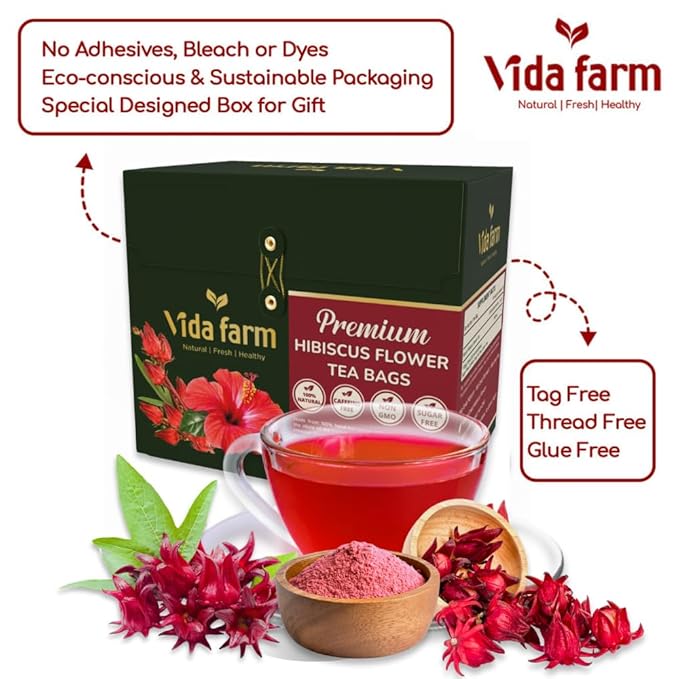 VIDA FARM 75 Hibiscus Tea Bags, Natural Dried Hibiscus Flowers Tea Bags, Roselle Hibiscus Sorrel Tea Jamaica Roselle Tea, No Sugar, No Caffeine, No Gluten