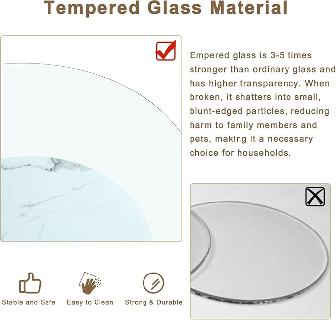 42 Inch Glass Coffee Table，Round Coffee Table with 2-Tier Tempered Glass Tabletop，Easy to Clean Circle Coffee Table with Sturdy Base for Living Room，Office （Brown & White Marble Colored Base）
