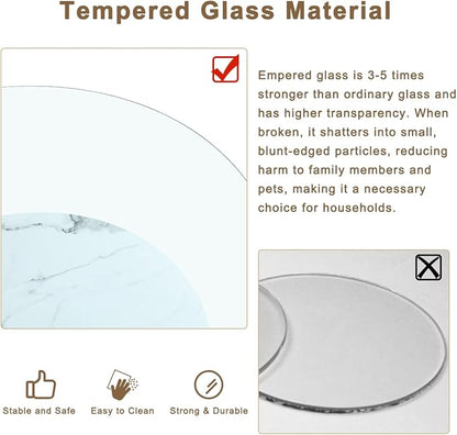42 Inch Glass Coffee Table，Round Coffee Table with 2-Tier Tempered Glass Tabletop，Easy to Clean Circle Coffee Table with Sturdy Base for Living Room，Office （Brown & White Marble Colored Base）