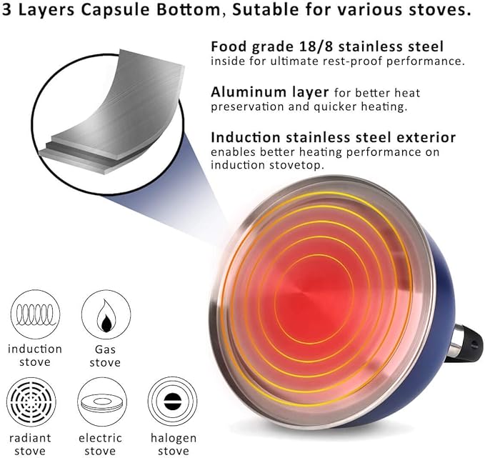 Rorence Stainless Steel Tea Kettle: 2.6 Quart Whistling Kettle with Capsule Bottom & Heat-resistant Glass Lid – Navy Blue