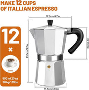 12 Cup Aluminum Espresso Stovetop Moka Pot Express Coffee Maker Percolator Italian Classic Mocha Coffee Machine for Italian and Cuban Cafe Brewing for Home & Camping 600ml 20oz