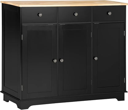 HOMCOM Sideboard with Solid Wood Countertop, Modern Kitchen Storage Cabinet, Coffee Bar Cabinet with 3 Drawers, Doors and Adjustable Shelf, Black
