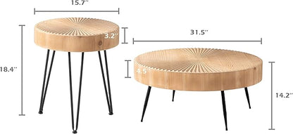 LONYKE 2-Piece Farmhouse Nesting Table Round with Handcrafted Wood Radial Pattern, Modern Coffee Table Set for Living Room