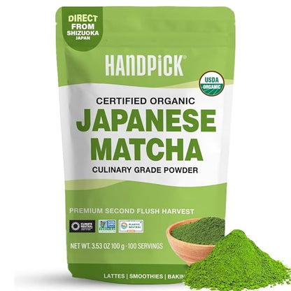 HANDPICK Japanese Organic Matcha Green Tea Powder (100 Servings) - Authentic Premium Second Flush Harvest | Resealable Ziplock Pouch