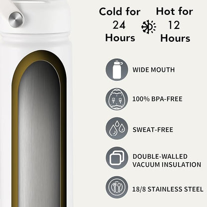 mininoo Insulated Stainless Steel Water Bottle with Straw and Lid for Sports, 24 oz, White