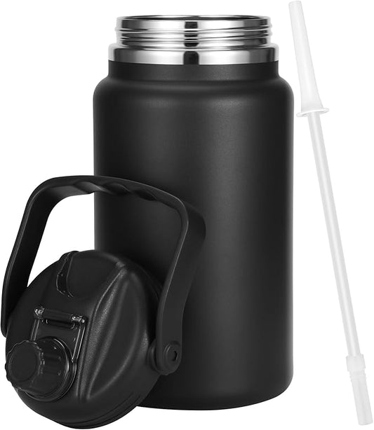 1 Gallon Thermosflask with Straw, 135oz Stainless Steel Insulated Water Bottle，4L Oversized Double Wall Vacuum Jug with Handle for Hot Cold Drinks, Wide mouth Icebuckets for Hiking Sports(Black)