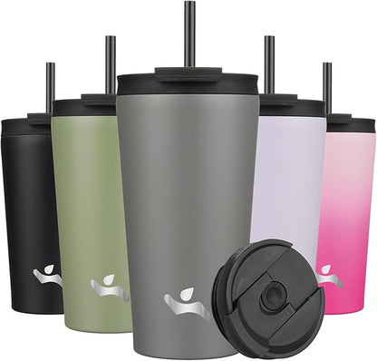 18 OZ Insulated Tumbler with Lid and 2 Straws Stainless Steel Water Bottle Vacuum Travel Mug Coffee Cup,Gray