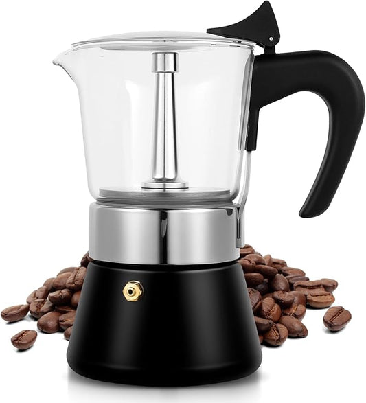 Induction Moka Pot, 6 Cups (10.6 oz) Crystal Glass-Top & Stainless Steel Moka Pot, Classic Stovetop Espresso Maker, Black
