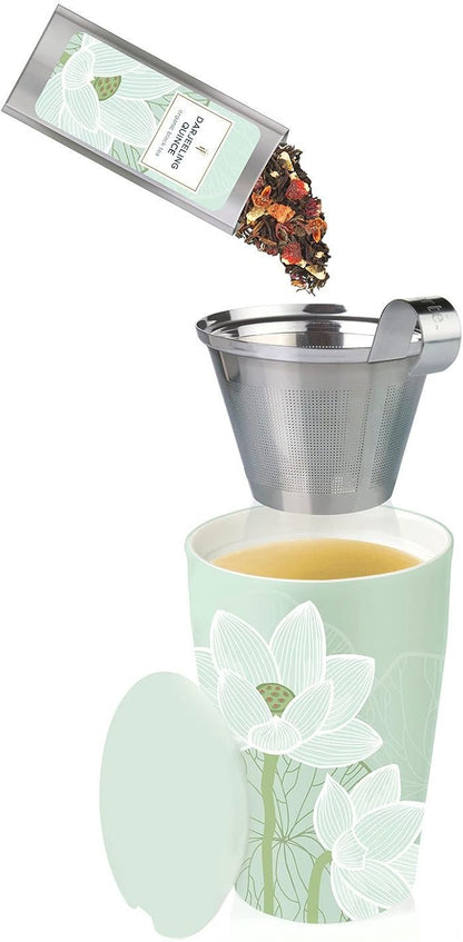 Tea Forte Lotus Double-Walled Ceramic Kati Cup with Removable Stainless Steel Infuser Basket and Lid, Steeps 12 oz Loose Leaf Tea, Lid and Cup Dishwasher & Microwave Safe