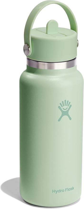 Hydro Flask Water Bottle - Insulated Stainless Steel - Wide Mouth Flex Straw Lid, Non Spill, Leakproof and Refillable in 32 Oz Aloe Green