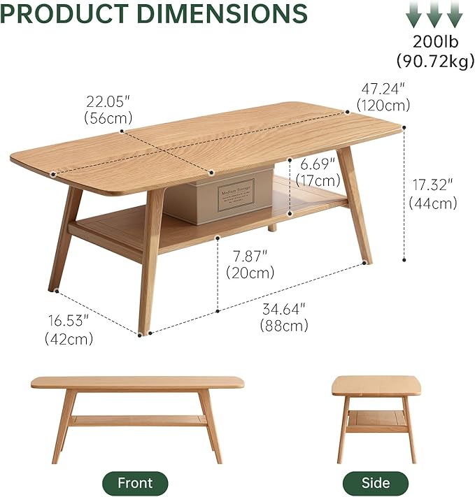 100% Solid Wood Coffee Table for Living Room, 47.24" Mid Century Modern Tables with Shelf Storage, 2-Tier Coffee Table with Rounded Corners (Oak Wood Log Color, 47.24" L)