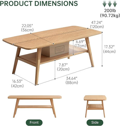 100% Solid Wood Coffee Table for Living Room, 47.24" Mid Century Modern Tables with Shelf Storage, 2-Tier Coffee Table with Rounded Corners (Oak Wood Log Color, 47.24" L)