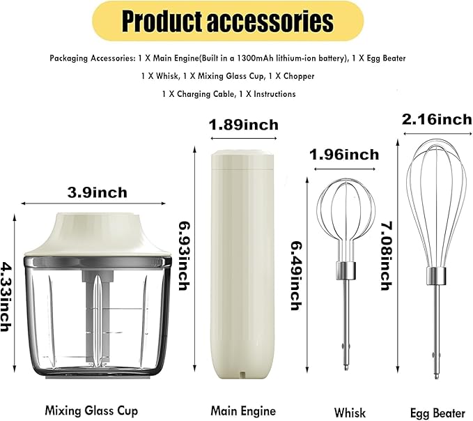 Cordless Hand Mixer, Electric Whisk, Hand Held Mini Mixers,Rechargeable Hand Mixer and Whisker,Food Chopper,Food Processor for Cooking, 4-Speed,10Oz