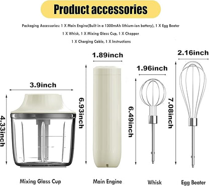 Cordless Hand Mixer, Electric Whisk, Hand Held Mini Mixers,Rechargeable Hand Mixer and Whisker,Food Chopper,Food Processor for Cooking, 4-Speed,10Oz