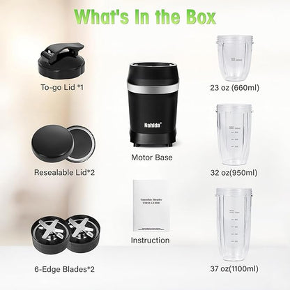 Nahida Blender for Smoothies, 1200W Smoothie Blender for Ices Crushing, Blenders with (2) 6-Fin Blades, Personal Blenders for Kitchen with 23oz, 32oz, 37oz Easy Go Cups for Juices, Black