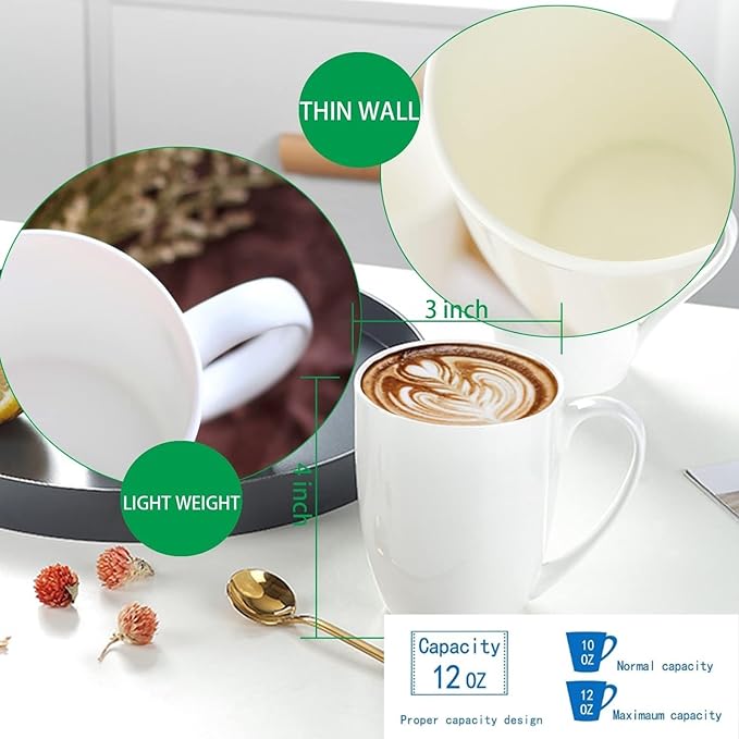 Chulan White Over 45% Bone Content Fine Bone China Coffee Mugs 10 oz, Lightweight Porcelain Cups for Espresso Latte Mocha Cappuccino, Luxury Thin Ceramic Tea Cup, Set of 6 Dishwasher Microwave Safe