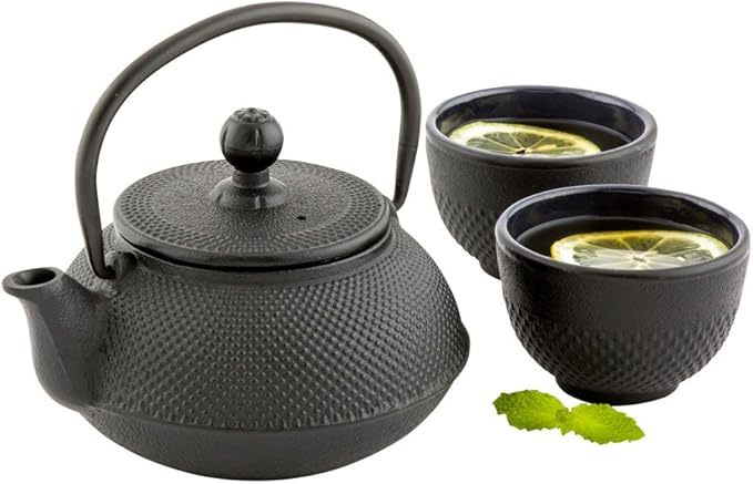 Restaurantware Tetsubin 20 Ounce Cast Iron Teapot 1 Hobnail Iron Teapot - With Strainer Retains Heat Black Cast Iron Japanese Tea Kettle Curved Handle