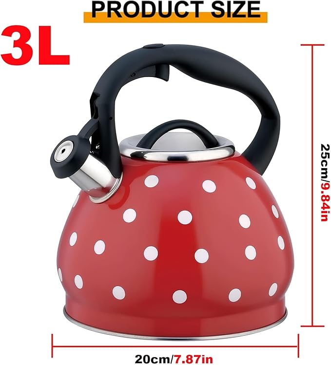 Tea Kettle Stovetop, Whistling Teapot 304 Stainless Steel 3.2 Quart Teakettle, Polka Dot Teapots for Stove Top, Whistle Tea Pot with Cool Touch Ergonomic Handle (Red, 3.2 Quarts)