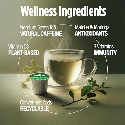 VitaCup Green Tea Pods, Enhance Energy & Detox with Matcha, Moringa, B Vitamins, D3, Keto, Paleo, Vegan, Recyclable Single Serve Pod, Compatible with Keurig K-Cup Brewers,16 Ct