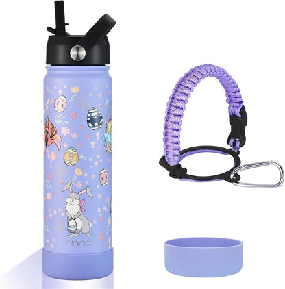mininoo Water Bottle with Straw Lid, 24 oz Insulated Stainless Steel Double Wall Vacuum, Gifts, Cute Bunny & Egg(Lavender)