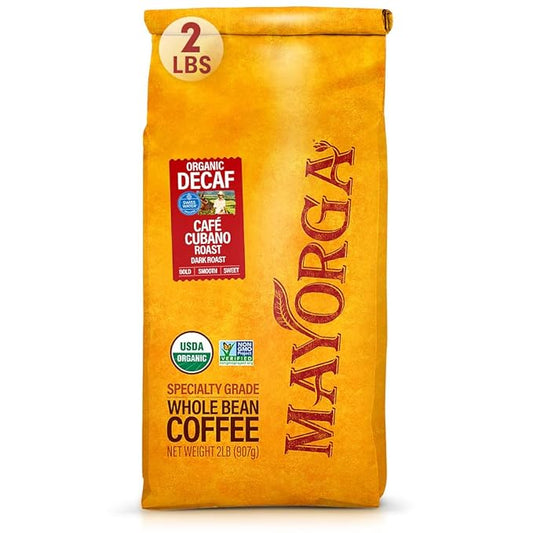 Mayorga Decaf Coffee 2lb Bag Dark Roast Organic Swiss Water Decaffeinated Cubano Roast Coffee - 100% Arabica Whole Coffee Beans - Smoothest Organic CoffeeSpecialty Grade, Non-GMO, Direct Trade
